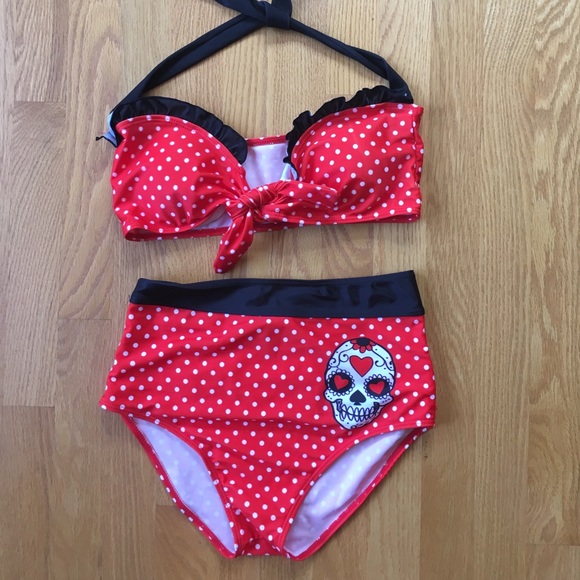 Too Fast Other - ☠️❤️High Waisted Polka Dot Bathing Suit with Skull